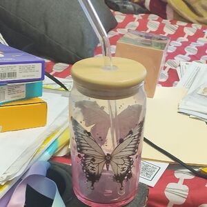 Pink Butterfly Tumbler with Straw